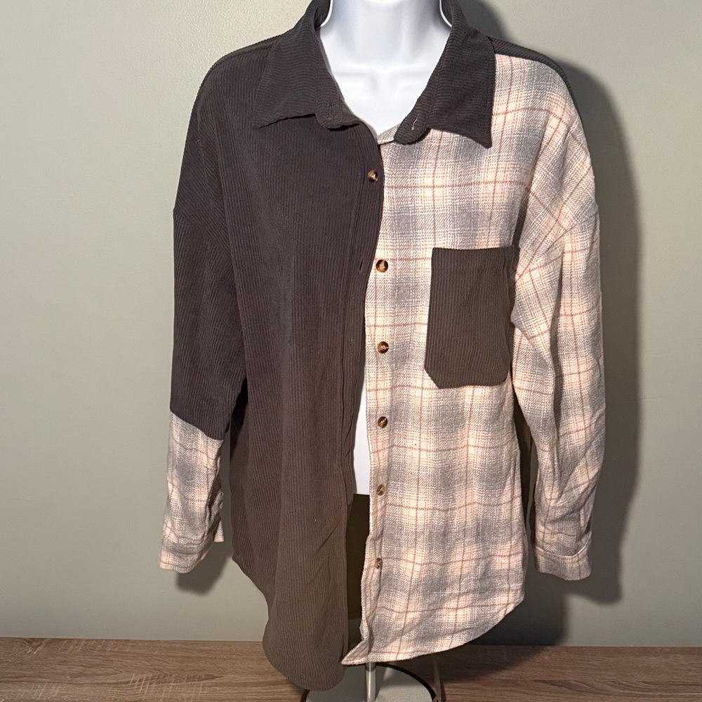 Amazon Women's Two-Tone Plaid and Solid Shirt Jacket